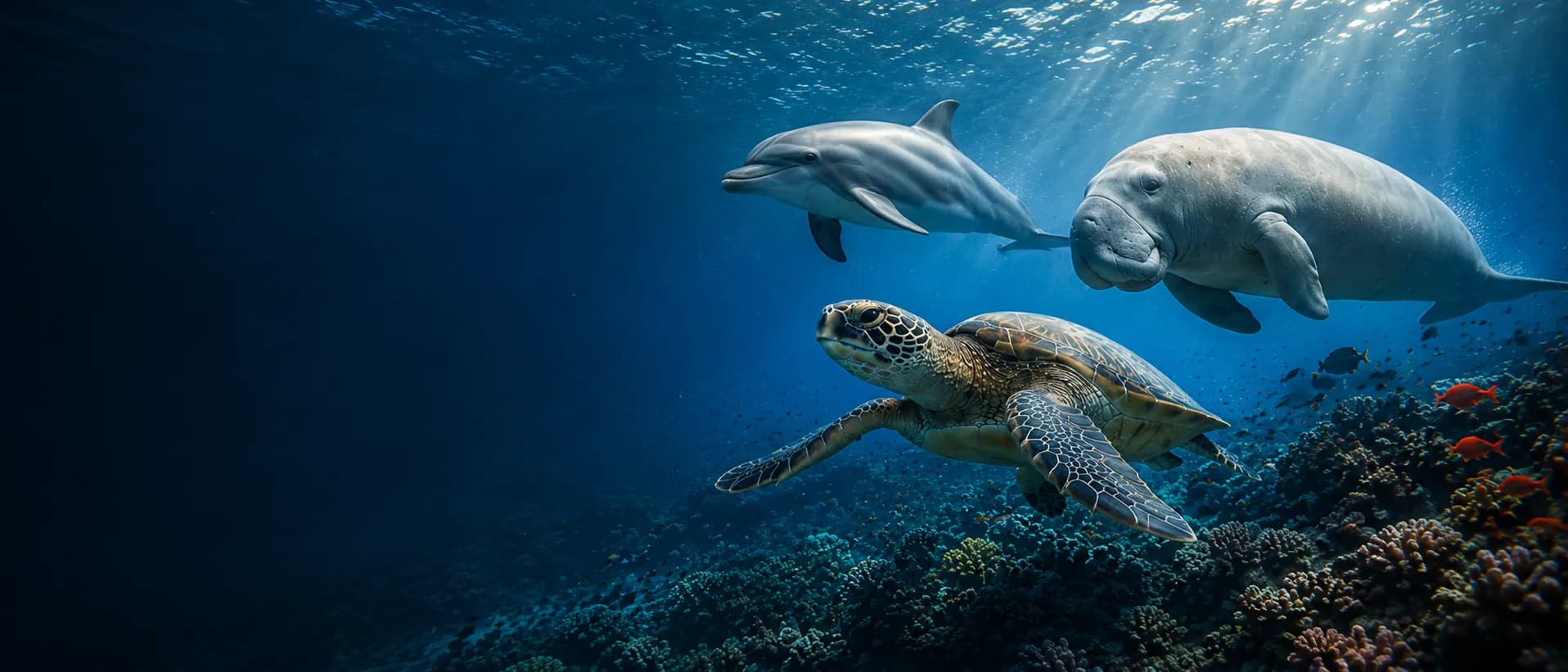 紅海でともに過ごすウミガメ、イルカ、ジュゴン