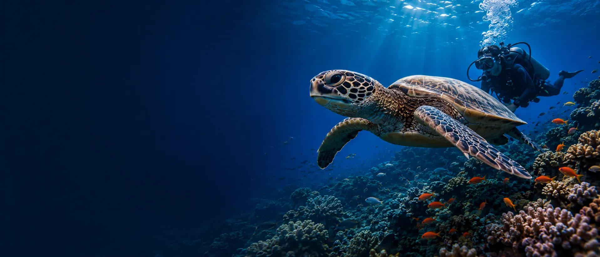 Sea turtle and diver in clear Red Sea water